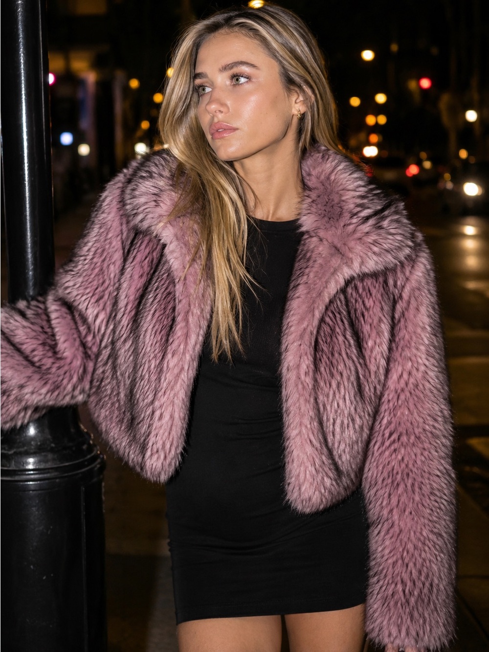 Two tone faux fur coat vintage style oversized jacket pink black pink fur coat